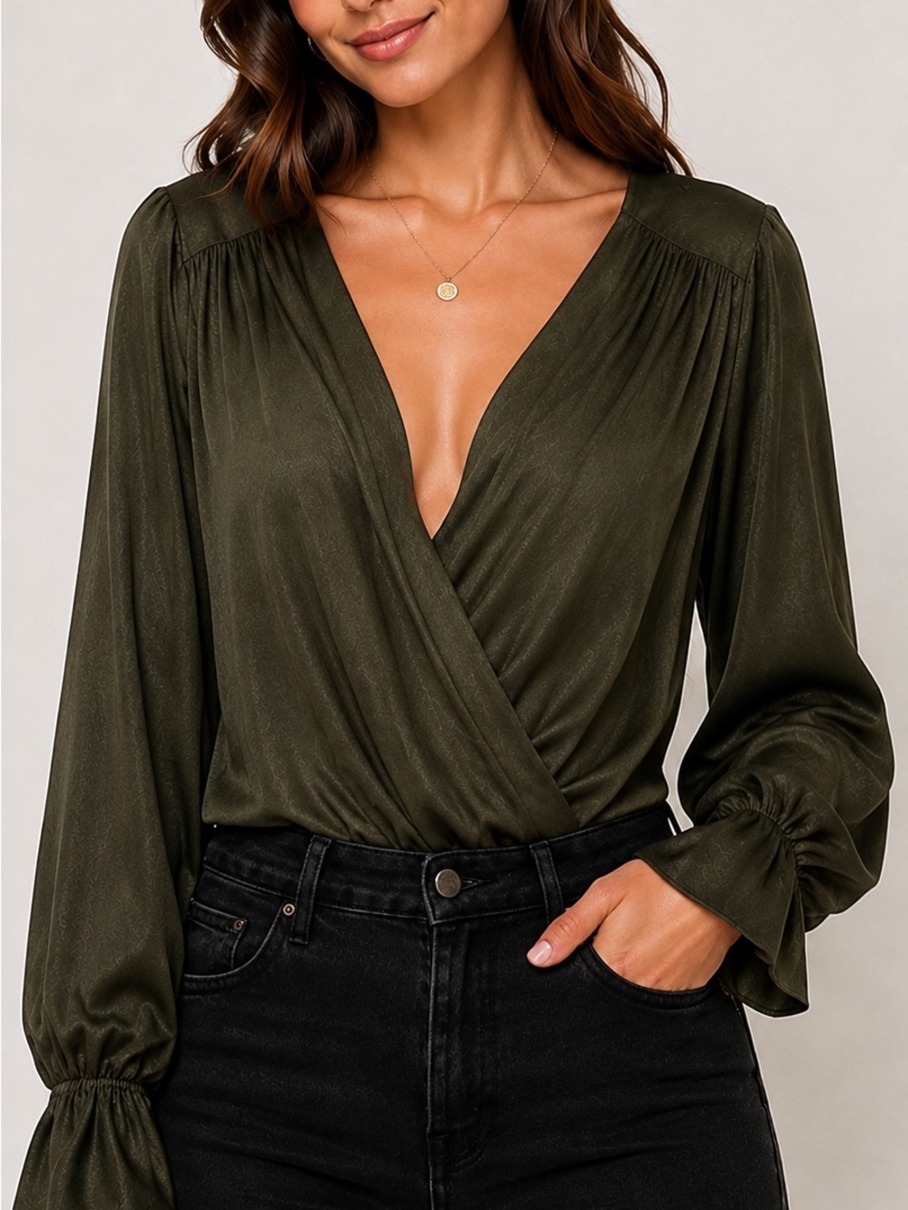 Privy Olive Faux Wrap Long Sleeve Bodysuit | Size Small